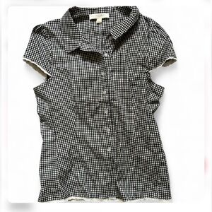 Short-Sleeve Gingham Button-Down Top - Black/White